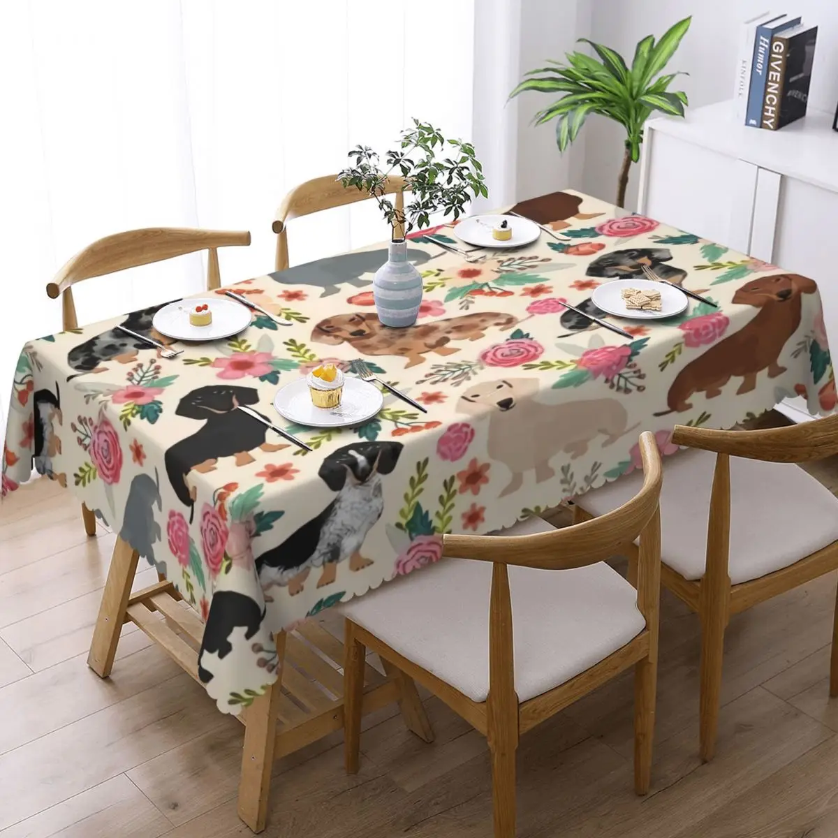 Doxie Florals Dachshund Rectangular Tablecloth Oilproof Table Cloth Sausage Dog Lovers Table Covers