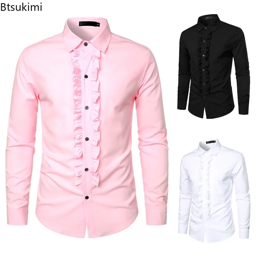 

2024 Men's New Long Sleeve Tuxedo Shirts Fashion Party Wedding Male Dress Shirts Ruffle Pleated Design Solid Shirt Chemise Homme