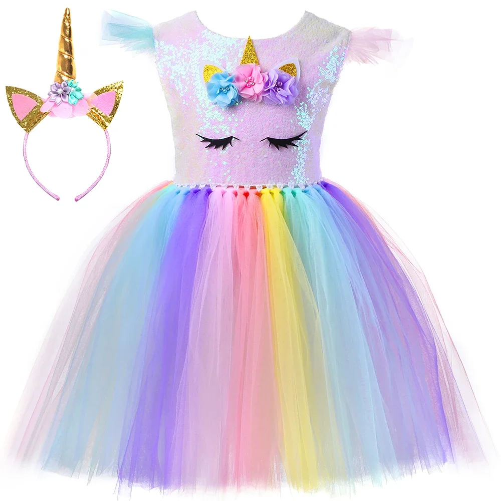 

Sequins Flowers Unicorn Tutu Dress for Girls Birthday Party Ball Gown Long Rainbow Fancy Kids Halloween Princess Unicorn Costume