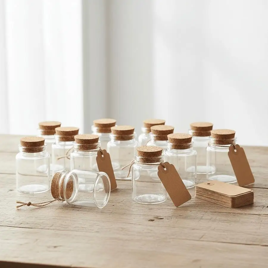 1/5/10/20/50/100pcs 50ml Mini Glass Bottles with Cork Stoppers, 20 Kraft Paper Tags and Hemp Rope, Small Clear Jars for Wedding