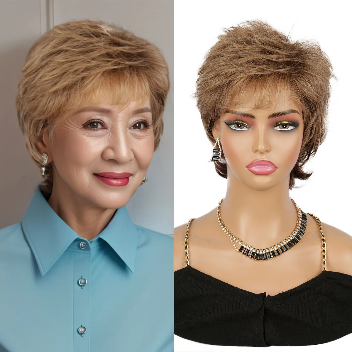

Granny Qi Bangs Short Fashion Wig Granny Gold Brown Short Curly Hair Headgear Chemical Fiber Coswig