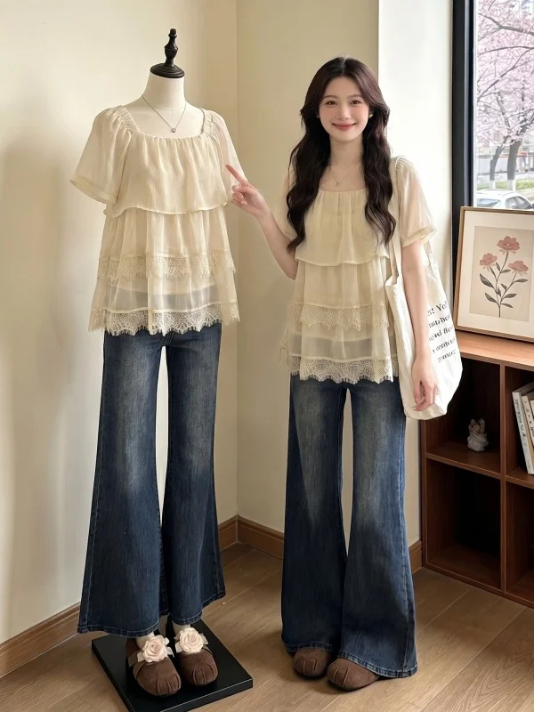 

Chic Square Collar Shoulder Length Short Sleeve Women's Cotton Shirt Summer New Style Large Size Fat MM Doll Shirt Top