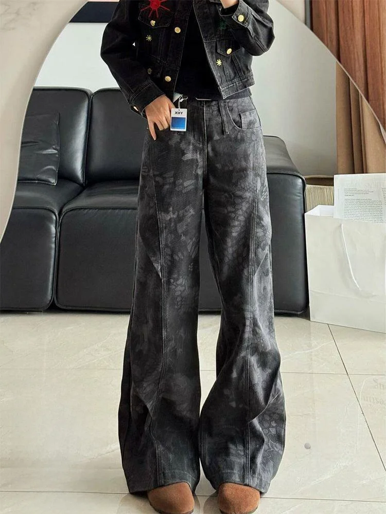 

Retro American Tie Dye Slim Fit High Waist Straight Leg Jeans Women's Summer New Style Lightweight Denim Pants