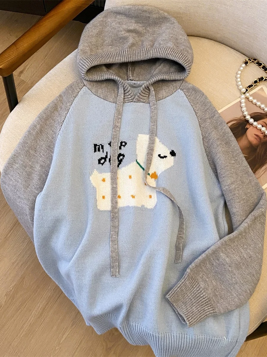 ゆったりフィット漫画犬柄パーカー スウェットシャツ ブルー色 ブルー 秋冬アウター 韓国風 ゆったりトップス レディースニットウェア