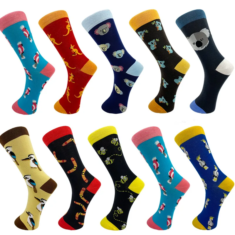 

2023 Cotton Happy Fun Socks Men's Penguin Kangaroo Crazy Design Sokken Unisex Novelty Elephant Skateboarding Caletines Hombre