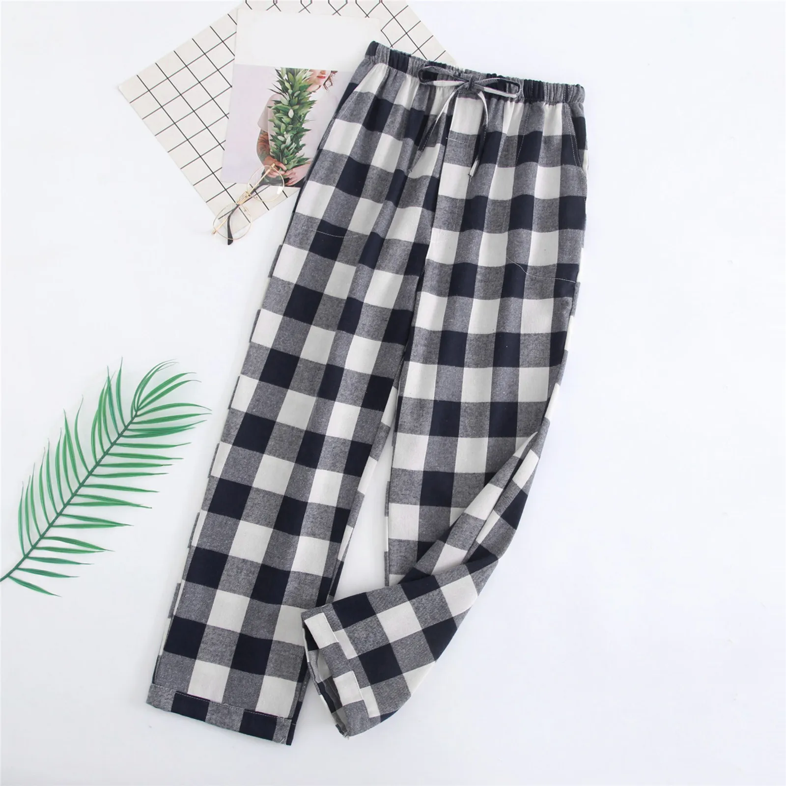 Men\'s Pajamas Pants Casual Plaid Pajama Sleepwear Nightwear Cotton Pants Loose High Waist Straight Long Trousers Loungewear