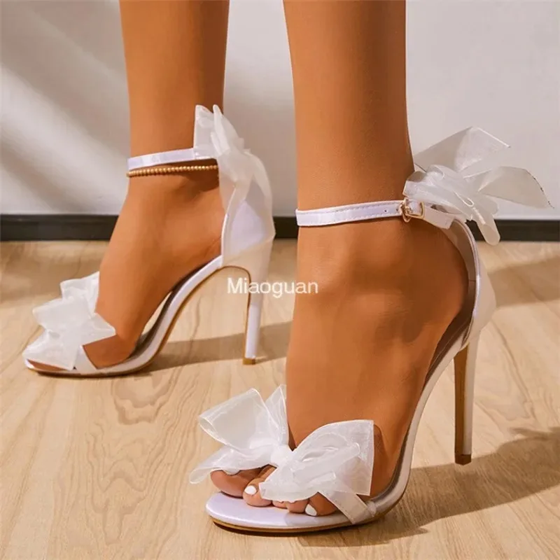 High Heel Designer Luxury Sandals Classic White Women\'s Wedding Shoes Bridal Fashion with Bow Pointed Top Female Big Size 41 42