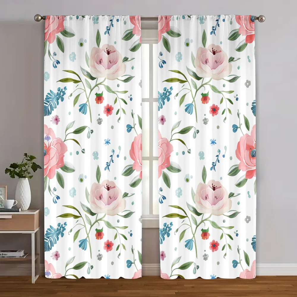

2pcs, Light Filtering Curtains Fresh Pink Green floral pattern Durable 100% Polyester Fabric (without rod) Decorations Outdoor