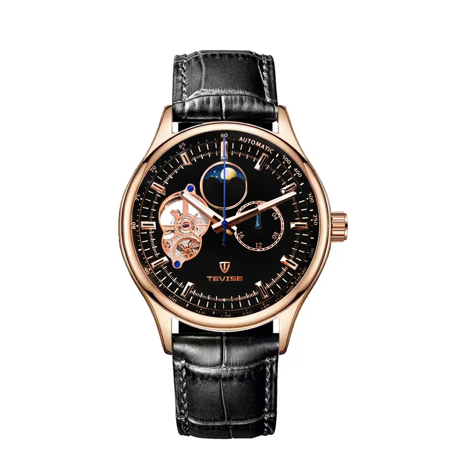 TEVISE New Man Mechanical Watch Skeleton Watch Luxury Automatic Watch Luminous Leather Band Waterproof Watch