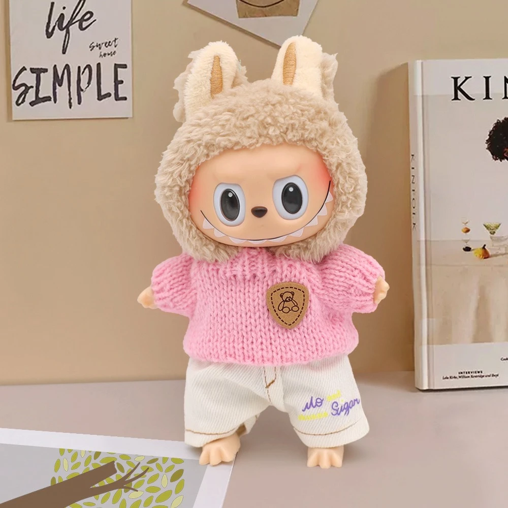 Labubu suéter versatile creativo, pantalones vaqueros, sombrero de paja, conjunto de zapatos