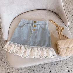 2024 Summer New Baby Girls Loose Short Skirt Children's Clothing Sweet Lace Patchwork Denim Skirt For Girls Versatile Skirt