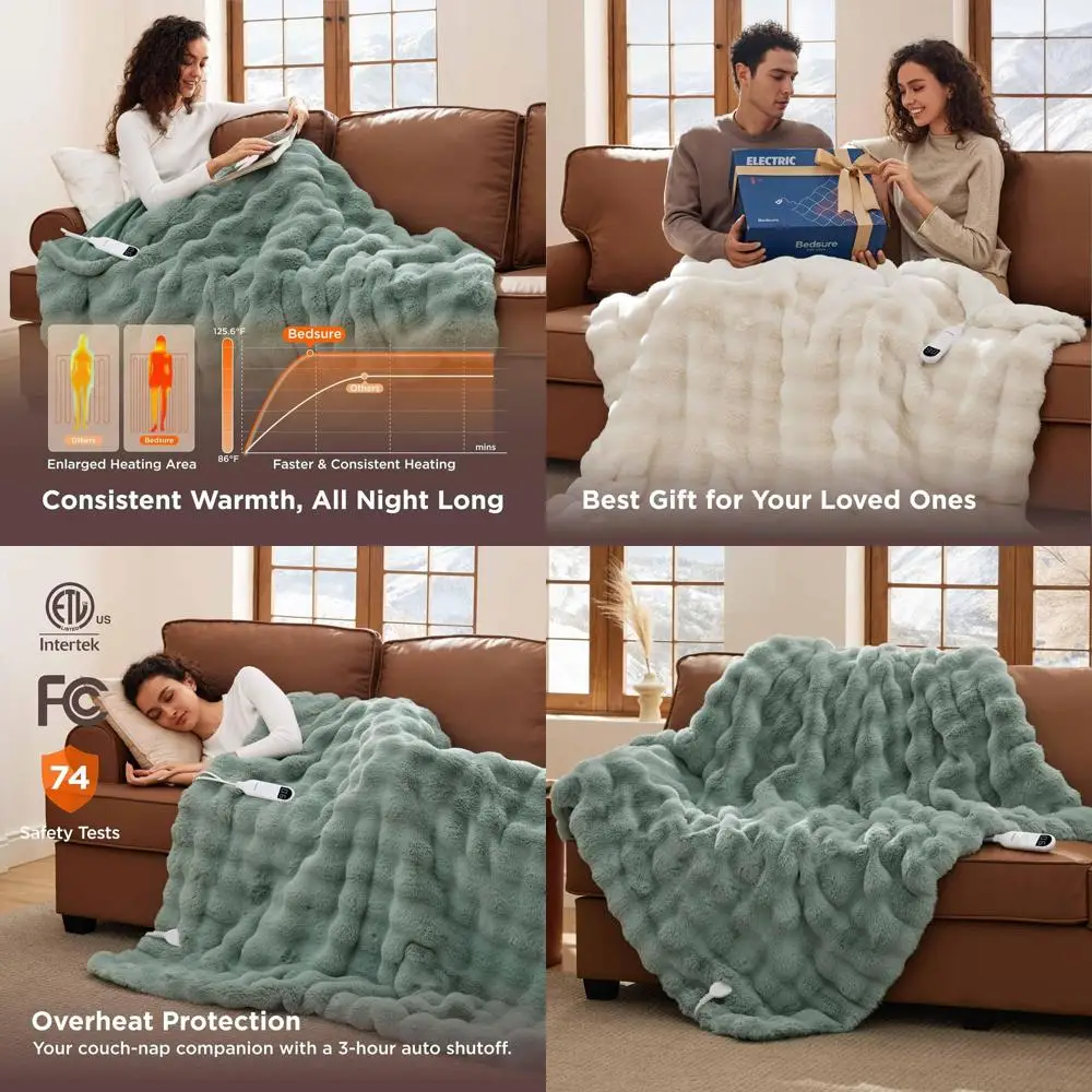 

Роскошное плюшевое электрическое одеяло из искусственного меха с 6 уровнями нагрева, 4 таймерами, автоматическим выключением, 50x60 зеленого цвета