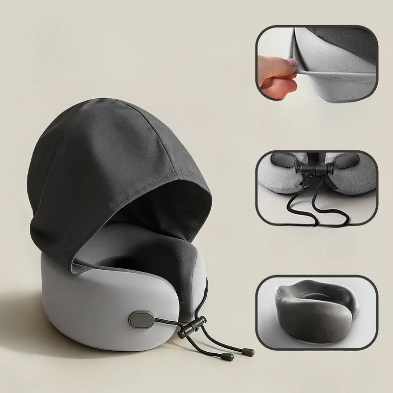 Almohada de viaje con capucha en forma de U, soporte de espuma viscoelástica portátil plegable para viajes largos de oficina en avión con bolsa de almacenamiento