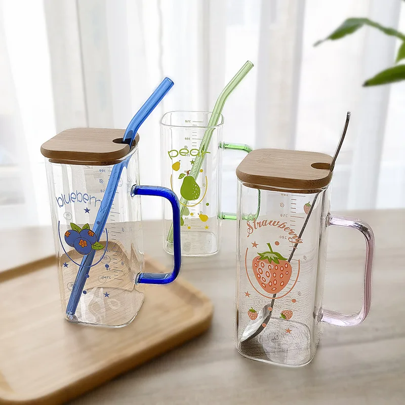 350ml quadratischer Glas becher mit Deckel und Stroh Frühstücks milch becher transparentes Party bier Kaffeetasse Trink geschirr glas
