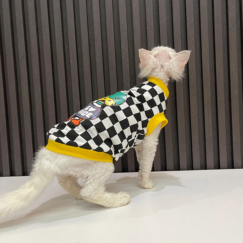 Cotton Jumpsuit for Sphynx Cat Clothes Short Sleeve Black White Lattice Coat For Devon Rex Soft Cartoon Undershirt For Kittens