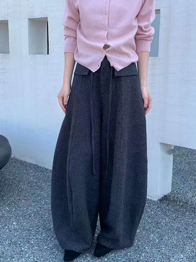 Deep ey Thiened Fce Pantalones casuales para mujer Dstring Pantalones de pierna recta de cintura alta Commute Sle Faion coreano