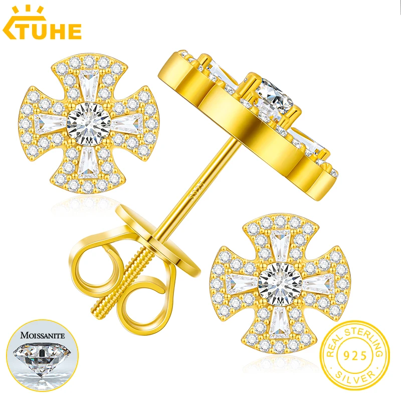 

TUHE Moissanite Cross Stud Earrings for Men 925 Sterling Silver Gold Plated Hip Hop Jewelry Fashion Male Gift