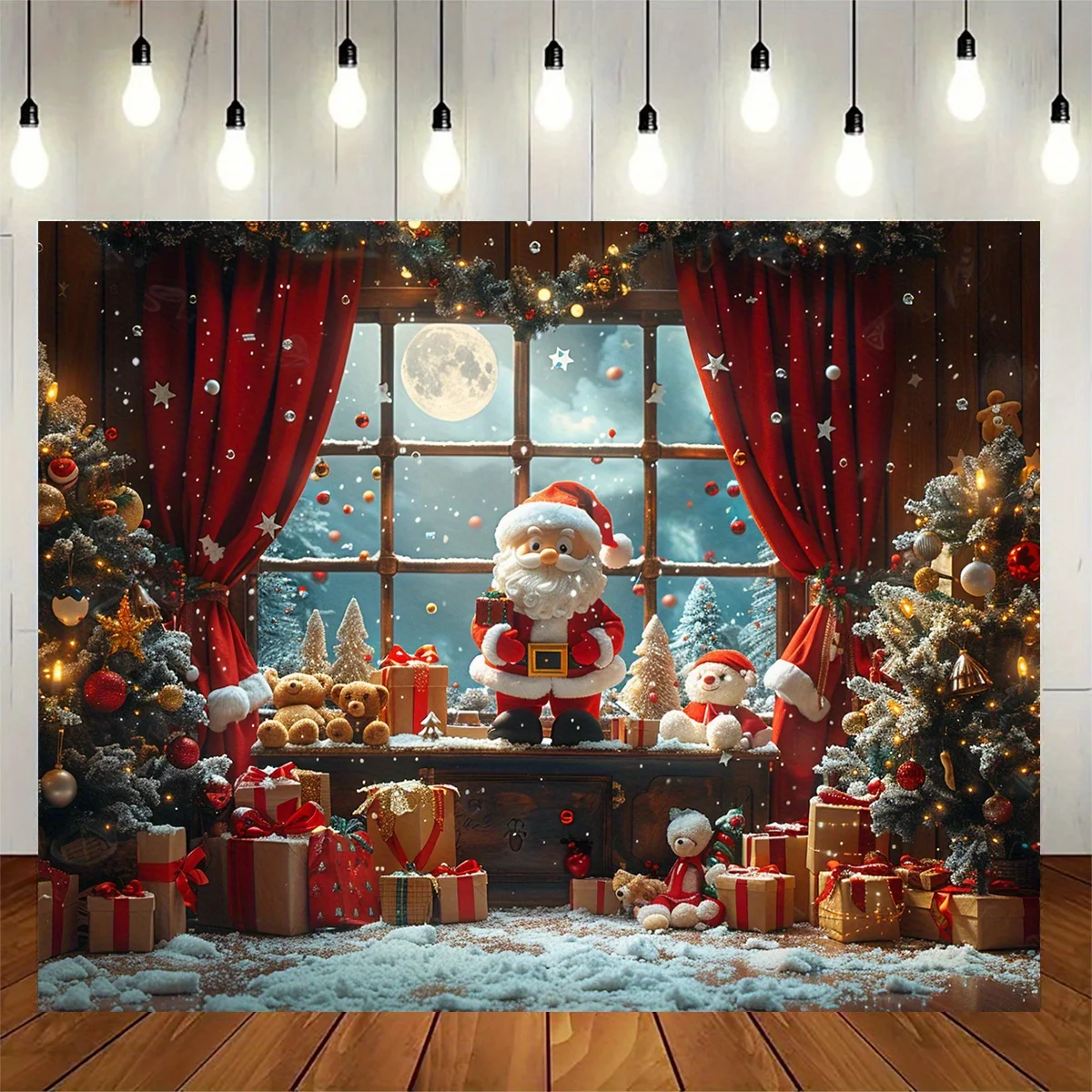 The Christmas tree theme photography background fabric is made of polyester material with Santa Claus home decoration background