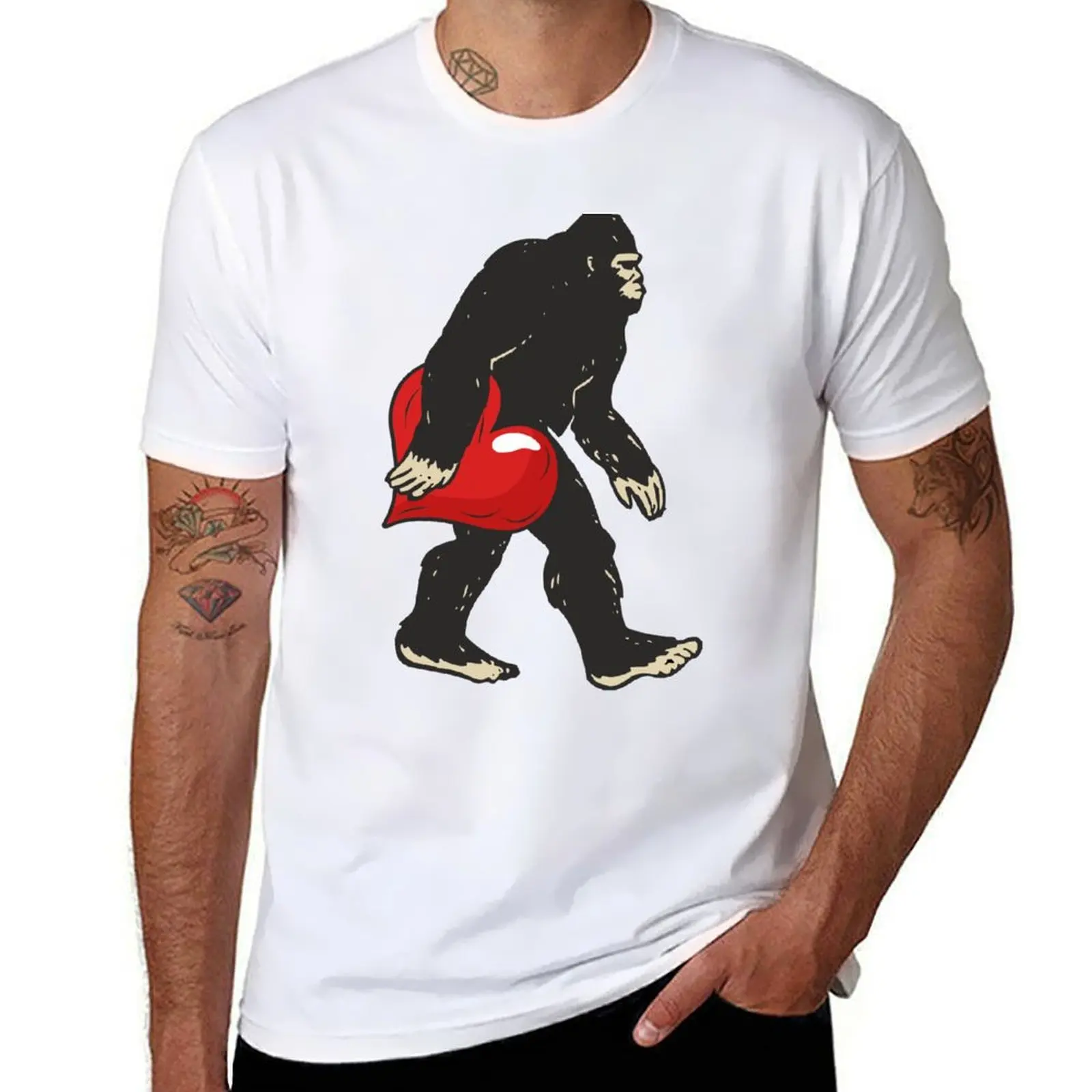 

Valentines Day Bigfoot Carrying Big Red Heart Cute In Love Gift T-Shirt men t shirt cotton 100% T-Shirt