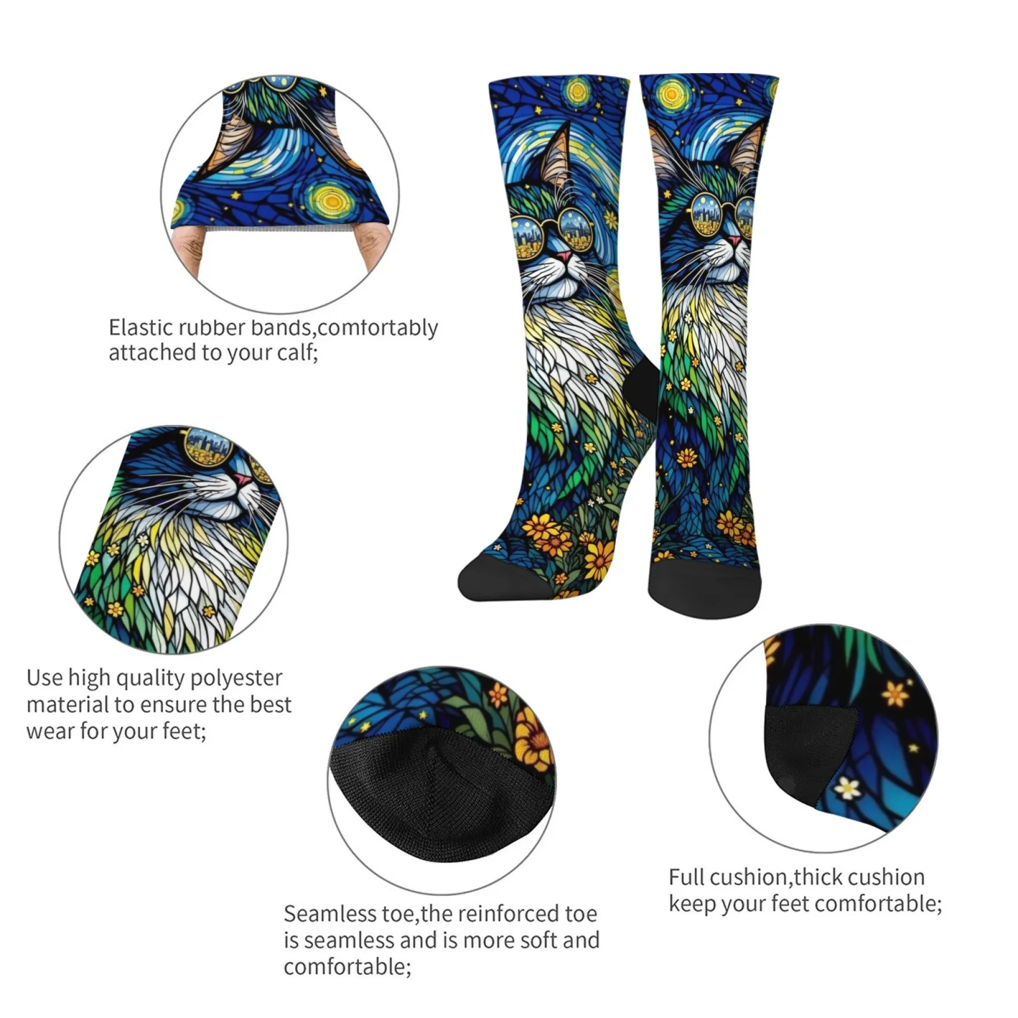 Nuit étoilée Floral chat hommes chaussettes nouveauté Van Gogh Art chaussettes Harajuku Style confortable décontracté mode drôle chaussettes unisexe cadeau