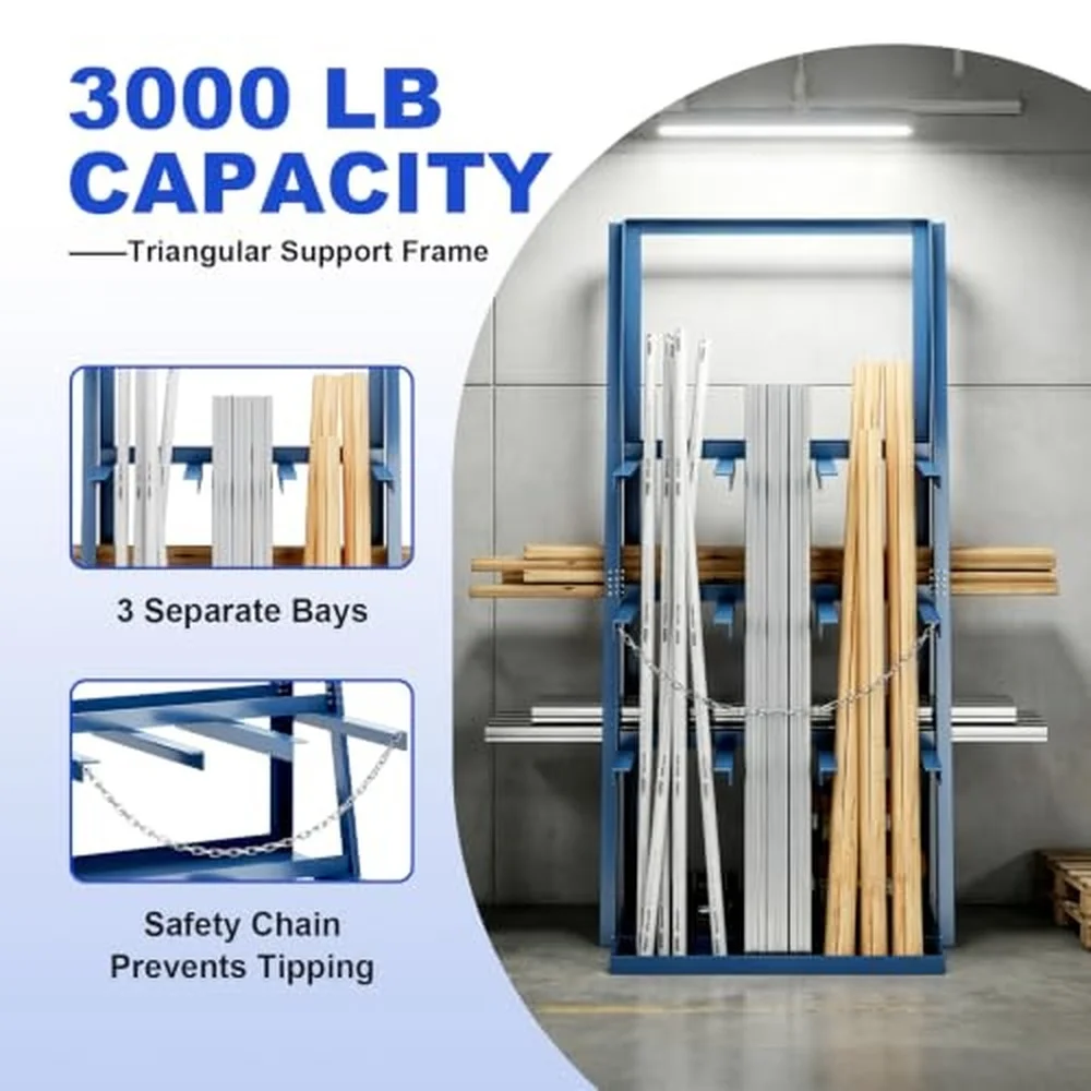3000 LBS Vertical Pipe Rack 3 Bay Lumber Storage Rack with Anti Tip Chain