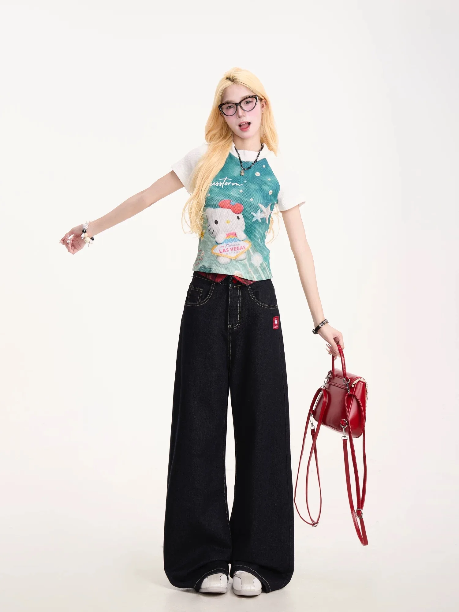 여성 Y2K 블랙 워싱 청바지 레트로 루즈 스트레이트 레그 와이드 레그 팬츠 다용도 바지