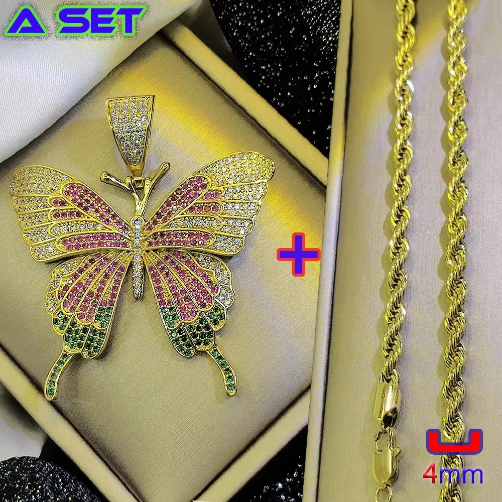 Exclusive customized gold necklace for hip-hop, colorful diamond butterfly pendant, new 18K exquisite gilding process