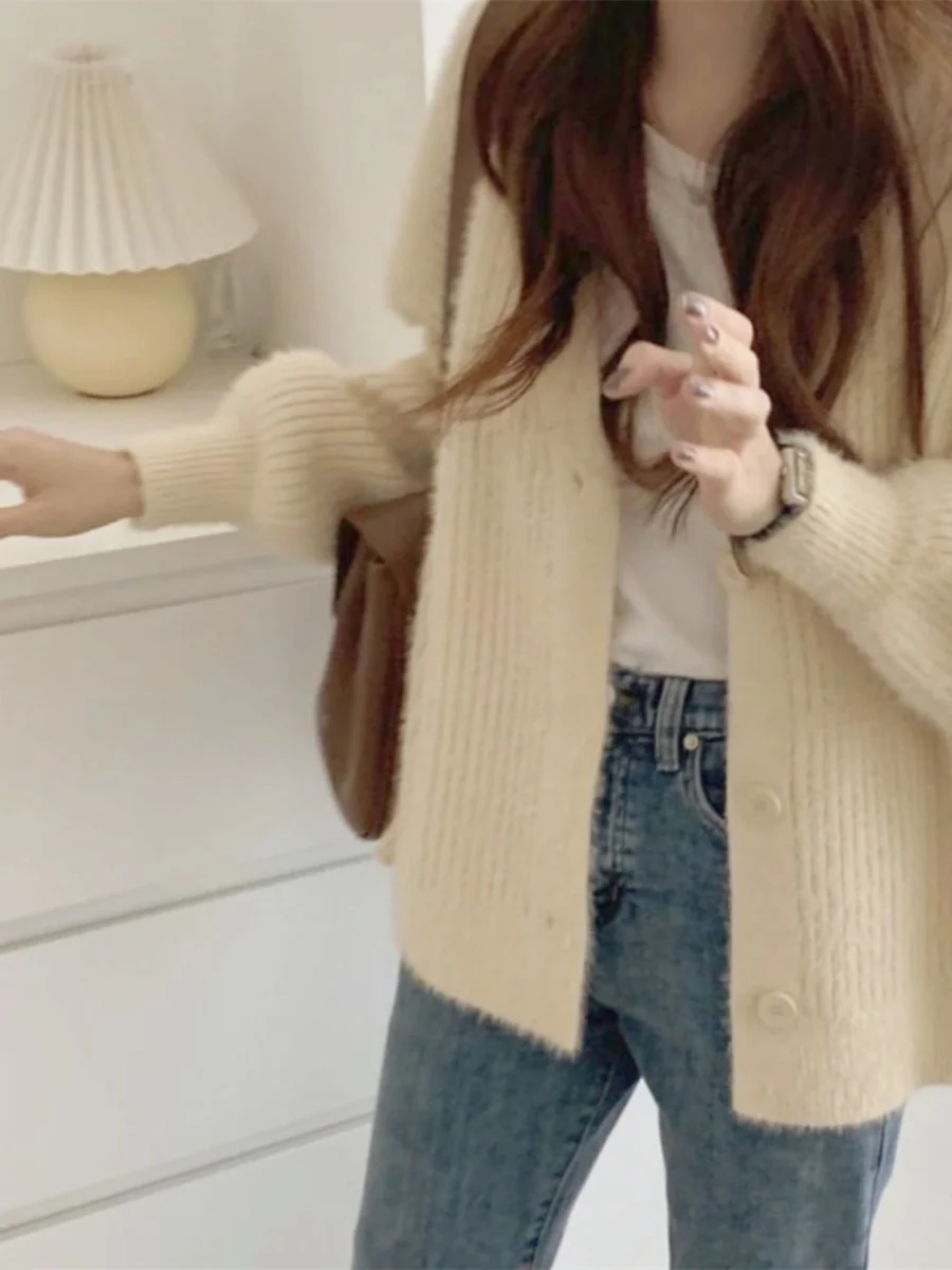 

Wed Girl Весенний цвет Ele Long Hair Middle Ne Женский вязаный ленивый свитер Кардиган V-ne Long Sve Regular Thi...