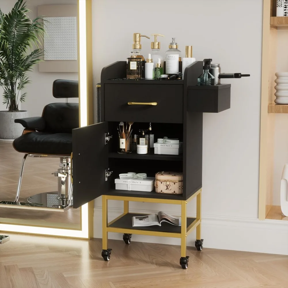 محطة مصفف شعر دوارة سوداء مع سطح زجاجي وخزانة تخزين قابلة للقفل لصالونات التجميل #2