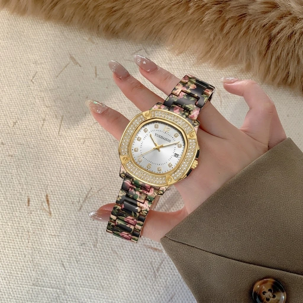 Womens Rounded Silhouette Calendar Watch Multi Section Printed Strap Retro Luxurious Style