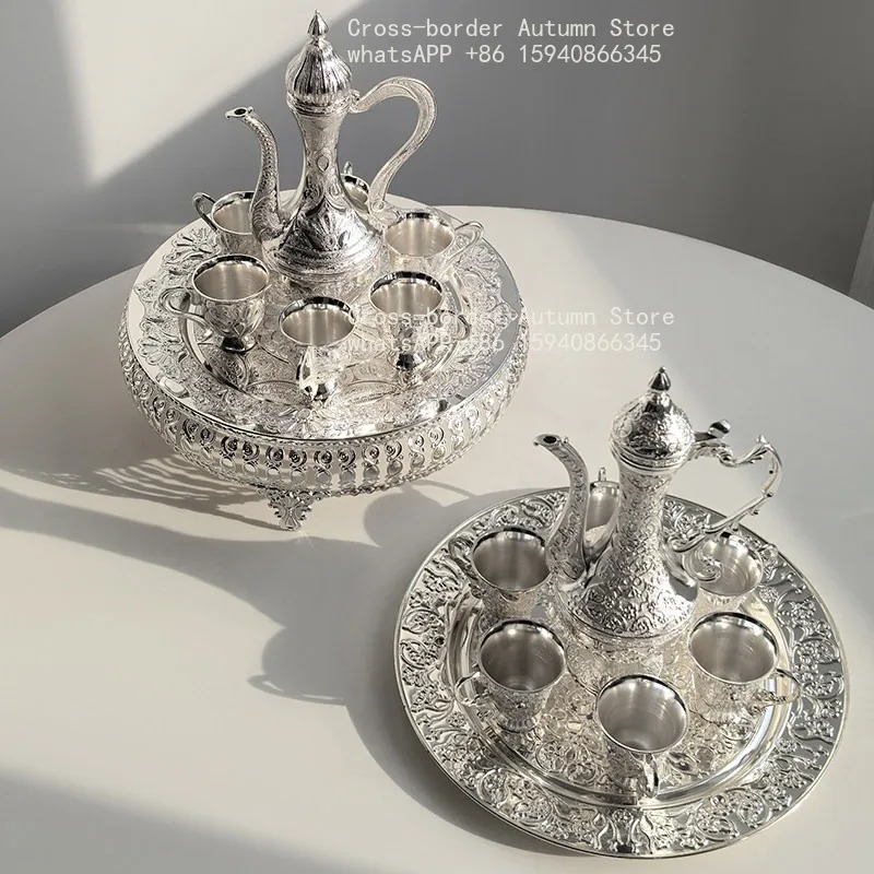 Light luxury silver six cups one pot set retro carved wine set wine cup household wine pot Baijiu cup