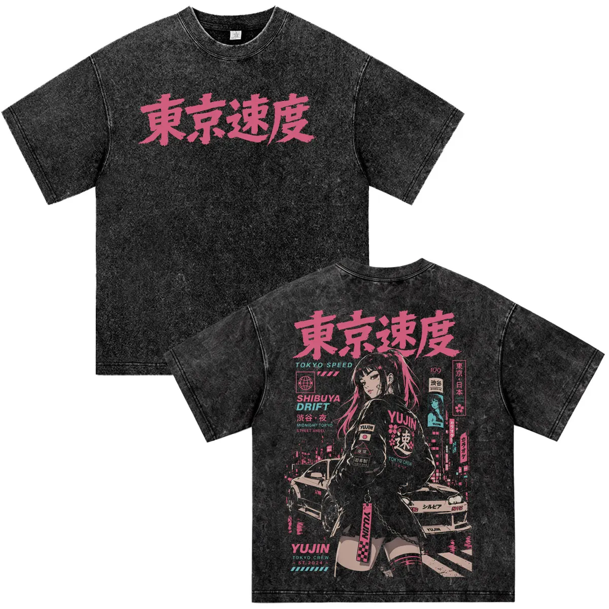 Anime Initial D Drift Shibuya JDM Racing Car Washed Vintage T-shirt Men's Women Clothing Fashion Harajuku Short Sleeves T Shirts