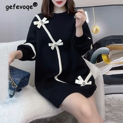 2023 Autumn Winter Women Korean Fashion Bow Chic Loose Mini Dress Female Casual Streetwear Black Plush Thick Long Sleeve Dresses