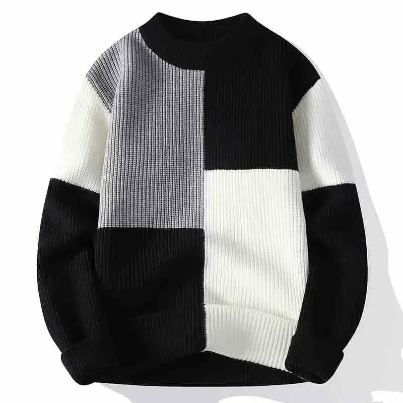 

Men's Clothing Black Plaid Knit Sweater Male Crewneck Pullovers Round Collar 2024 Trend A Old Korean Autumn Clothes Fashion Wool