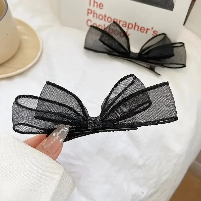 2pcs Elegant Mesh Bow Hair Clips Sweet Side Bangs Hair Card Temperament Forehead Clip Headdress Duckbill Clip