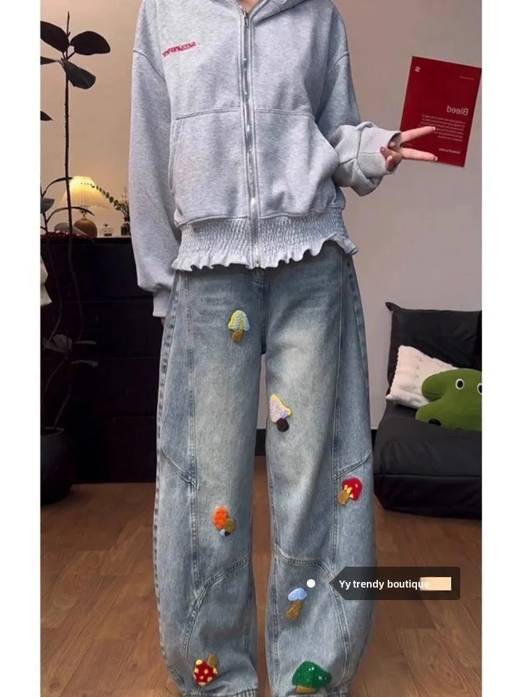 

Американские ретро-джинсы с мультяшной вышивкой, с высокой талией, широкими штанинами, женские, зимние, новая модель, утягивающие брюки-кюлоты