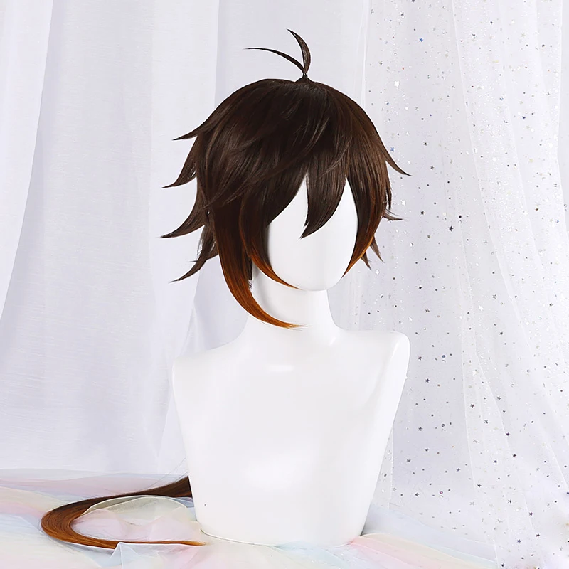 High Quality Game Genshin Impact Zhongli Cosplay Wig Anime 90cm Long Brown Orange Heat Resistant Hair Wigs + Wig Cap