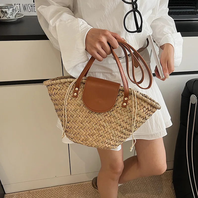 

2025 Bohemian Straw Tote Bag for Women Spacious Beach Shoulder Purse Adjustable Crossbody Strap Summer Vacation Essential
