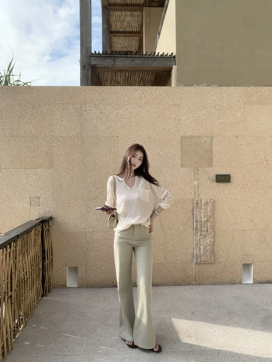 

Женские джинсы с высокой талией, прямые, узкие, светло-хаки, весна 2026, универсальные, широкие, расклешенные, в пол