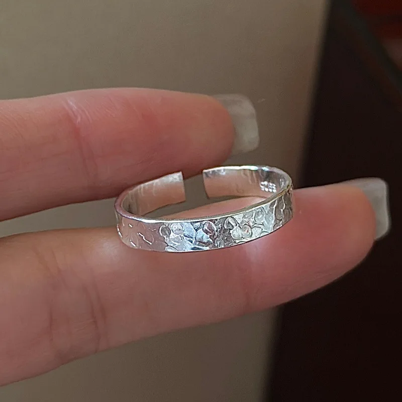 

CHOZON S925 Solid Silver Hand Hammered Ring Korean Vintage Textured Stacking Jewelry Gift for Women