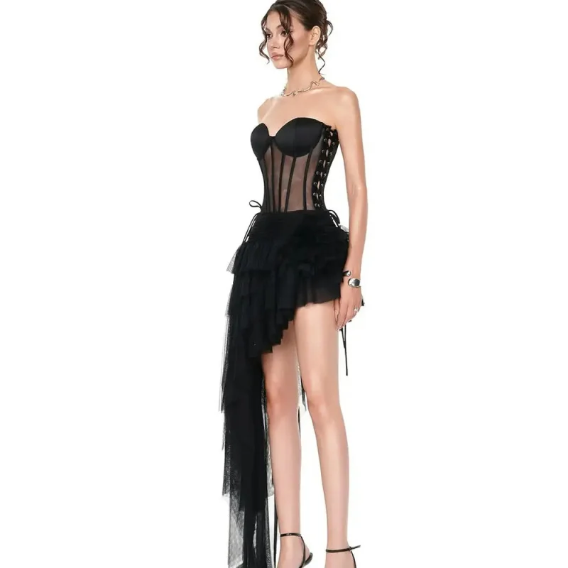 Thai-Thai Style Niche Design Strapless Fishbone Top Lace Tie Irregular Skirt Set Dress