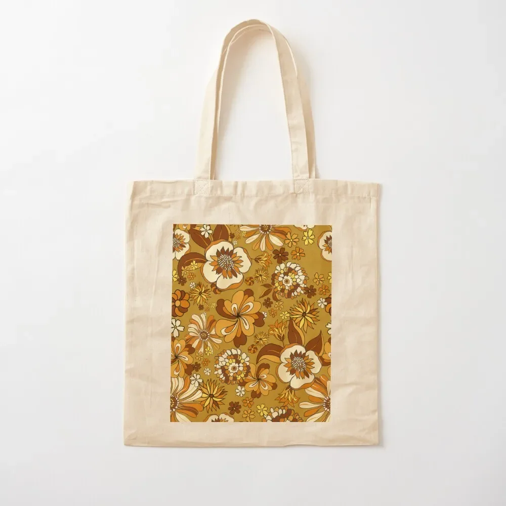 70s Vintage Flower Power floral pattern, orange, mustard, yellow Tote Bag Women's shopper custom tote bag Cloth bag