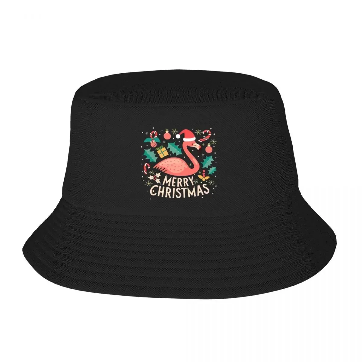 New Cute Pink Flamingo Wearing A Christmas' Hat And Surrounded By Christmas Things Bucket Hat Icon Women's Beach Outlet 2023 Men