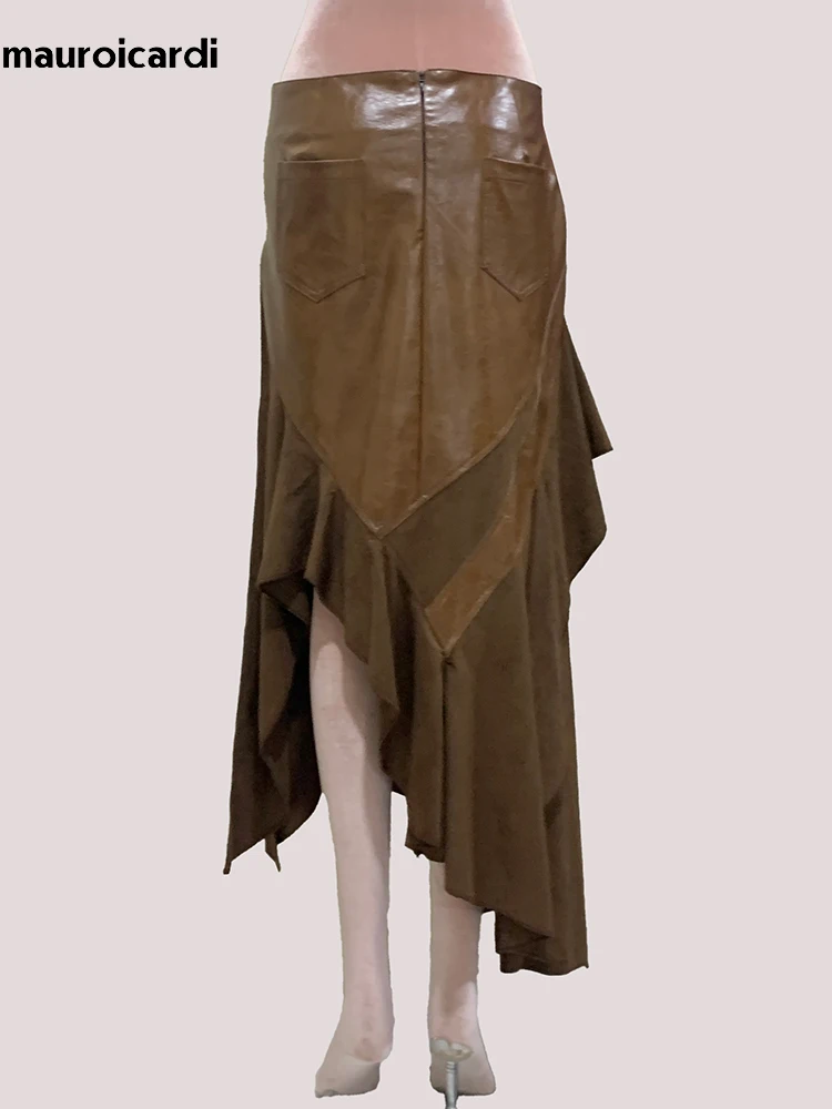 

Lautaro Spring Autumn Long Soft Flowy Brown Patchwork Pu Leather Midi Asymmetrical Skirt Women Luxury Designer Emo Clothes 2025