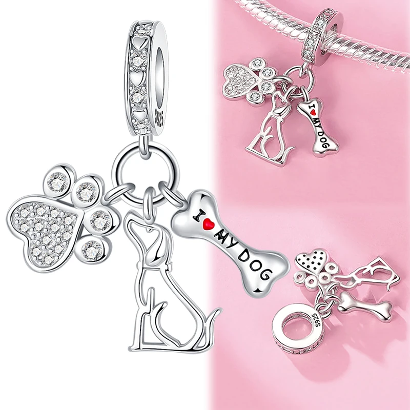 I Love My Dog Dangle Charm 925 Sterling Silver Paw Print Dog Outline Bone Pendant Bead Fit Women Bracelet Pet Lover Jewelry Gift