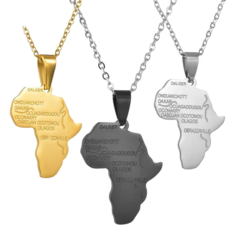 Stainless Steel Africa Map National Flag Pendant Charm Men\'s Necklace Fashion Hip Hop Punk Accessories Jewelry Gift Dropship