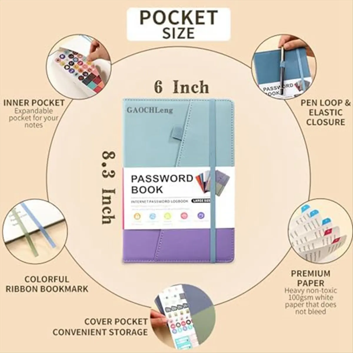 MALL Password Keeper Book with Colorful Alphabetical Tabs and Two Bookmarks, for Seniors 8.4X5.9Inch, Internet Address A