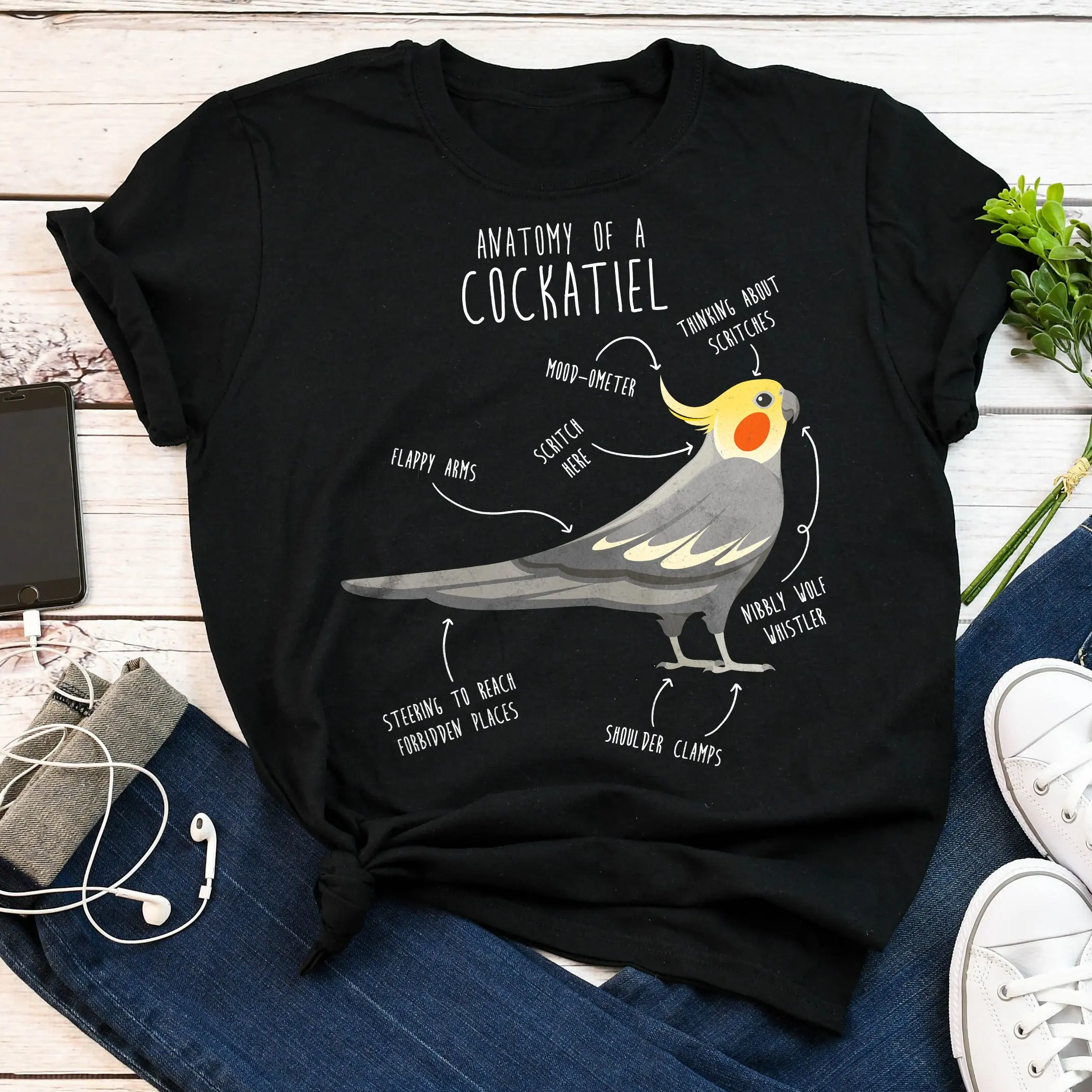 Cockatiel T Shirt Funny Parrot Lover Cute Bird Pet Top Anatomy Grey Tiel Mom Dad