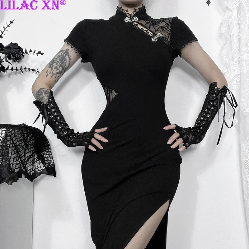 

Goth Black Spider Web Lace Mesh Cheongsam Bodycon Party Dresses Y2K Vintage Sexy Short Sleeve High Slit Long Dress Women Summer