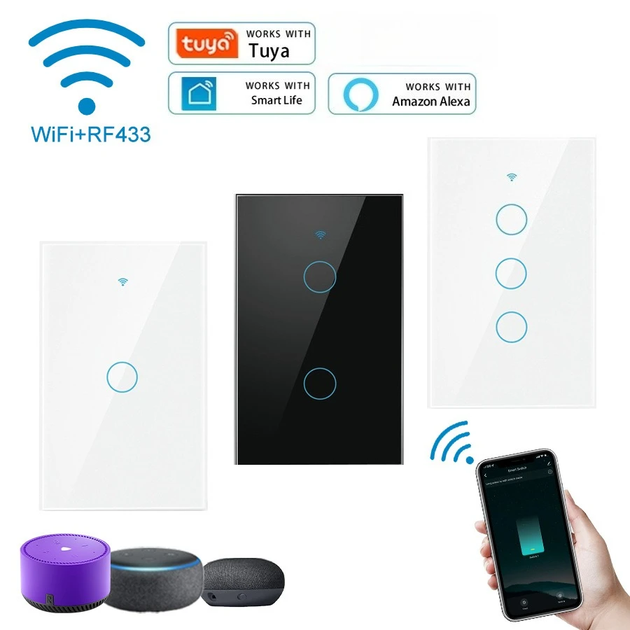 

Умный сенсорный переключатель Tuya WIFI, стандарт США, европейский стандарт, универсальная двухрежимная панель из закаленного стекла с одним нулевым огнем
